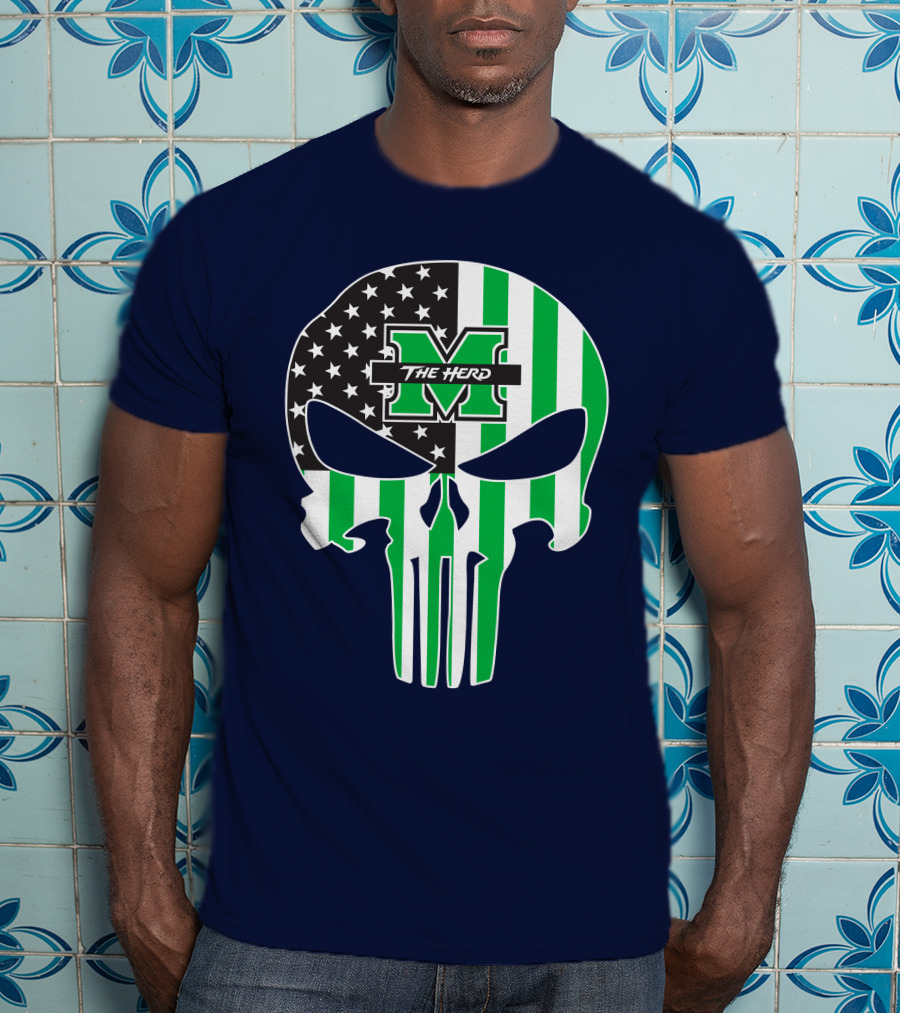 Marshall Thundering Herd The Punisher American Flag Skull T-Shirt