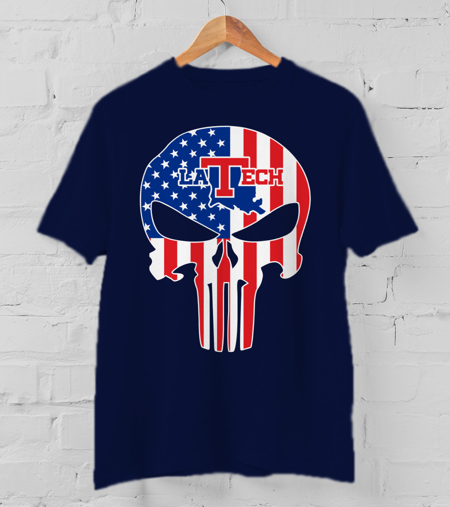 Louisiana Tech Bulldogs La Tech Skull American Flag Punisher T-Shirt