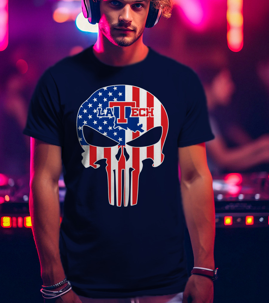 Louisiana Tech Bulldogs La Tech Skull American Flag Punisher T-Shirt
