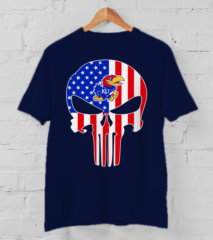 Kansas Jayhawks The Punisher American Flag Skull T-Shirt