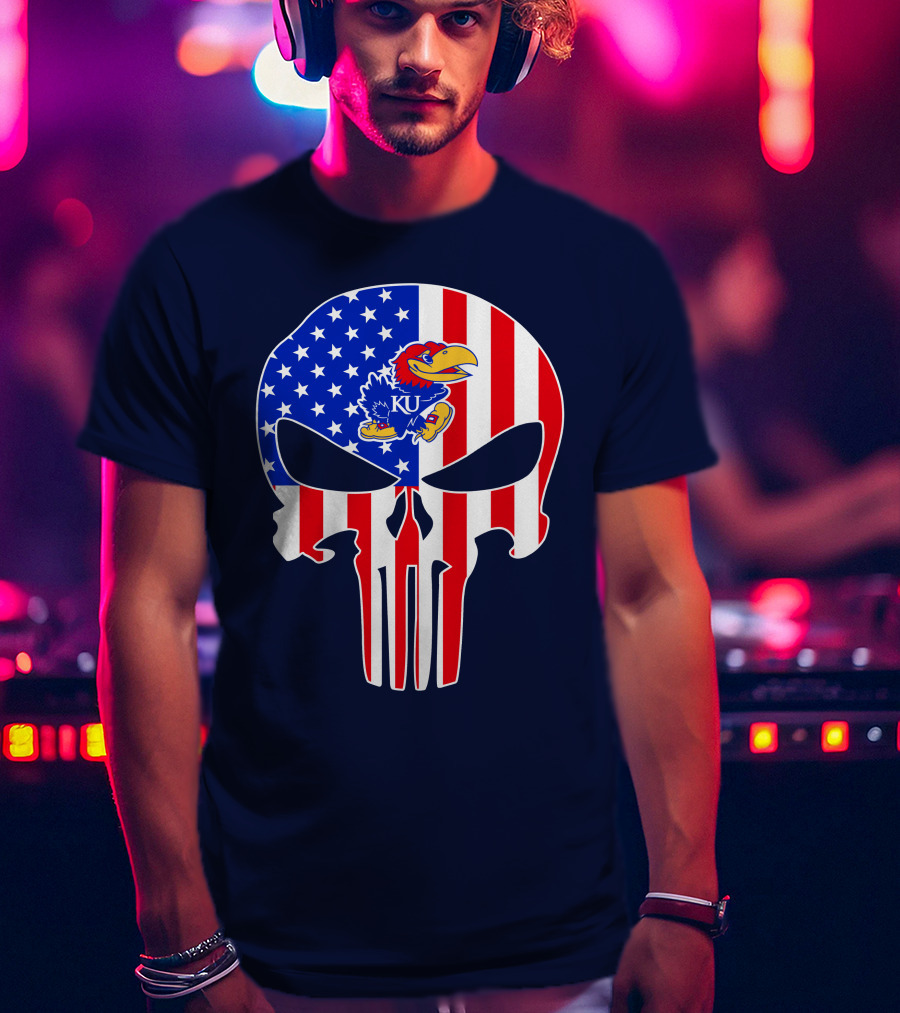 Kansas Jayhawks The Punisher American Flag Skull T-Shirt