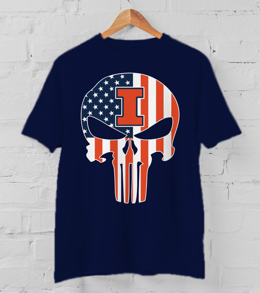 Illinois Fighting Illini Skull Punisher American Flag I T-Shirt