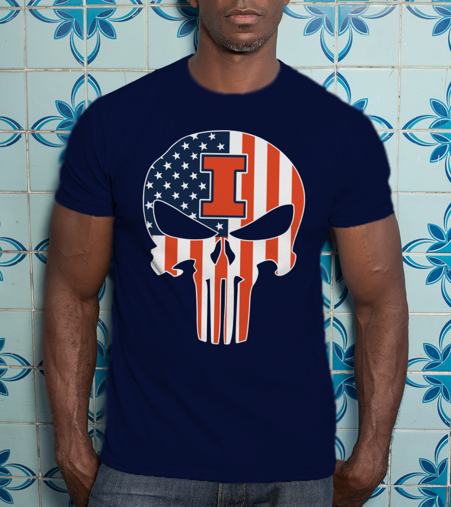 Illinois Fighting Illini Skull Punisher American Flag I T-Shirt