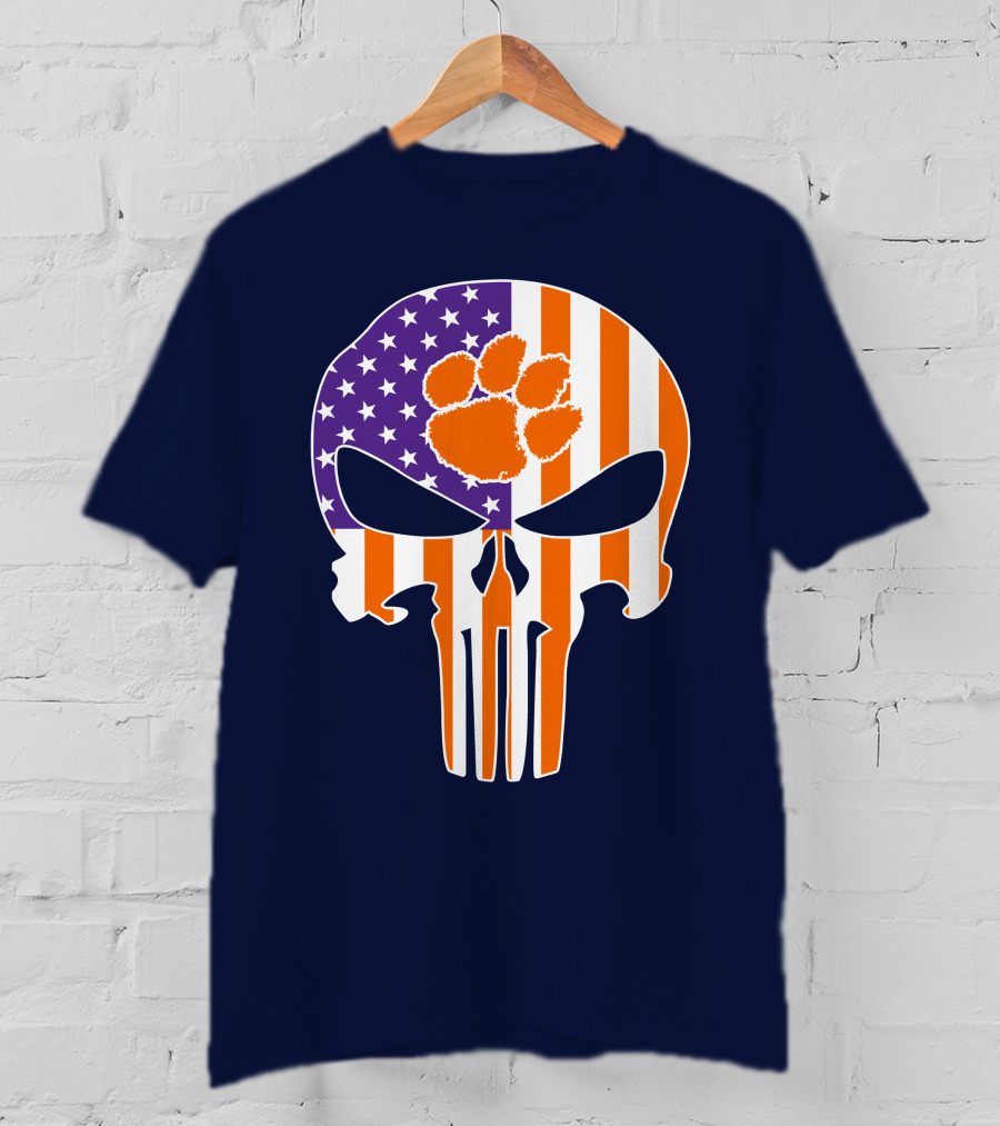 Clemson Tigers The Punisher American Flag Skull Paw T-Shirt