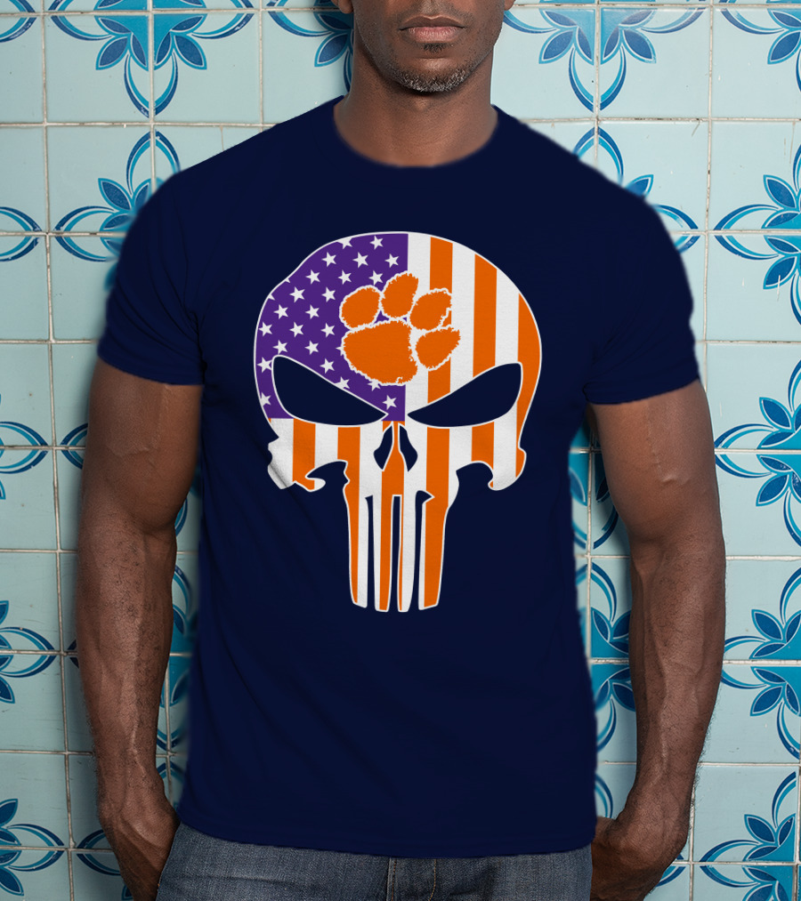 Clemson Tigers The Punisher American Flag Skull Paw T-Shirt