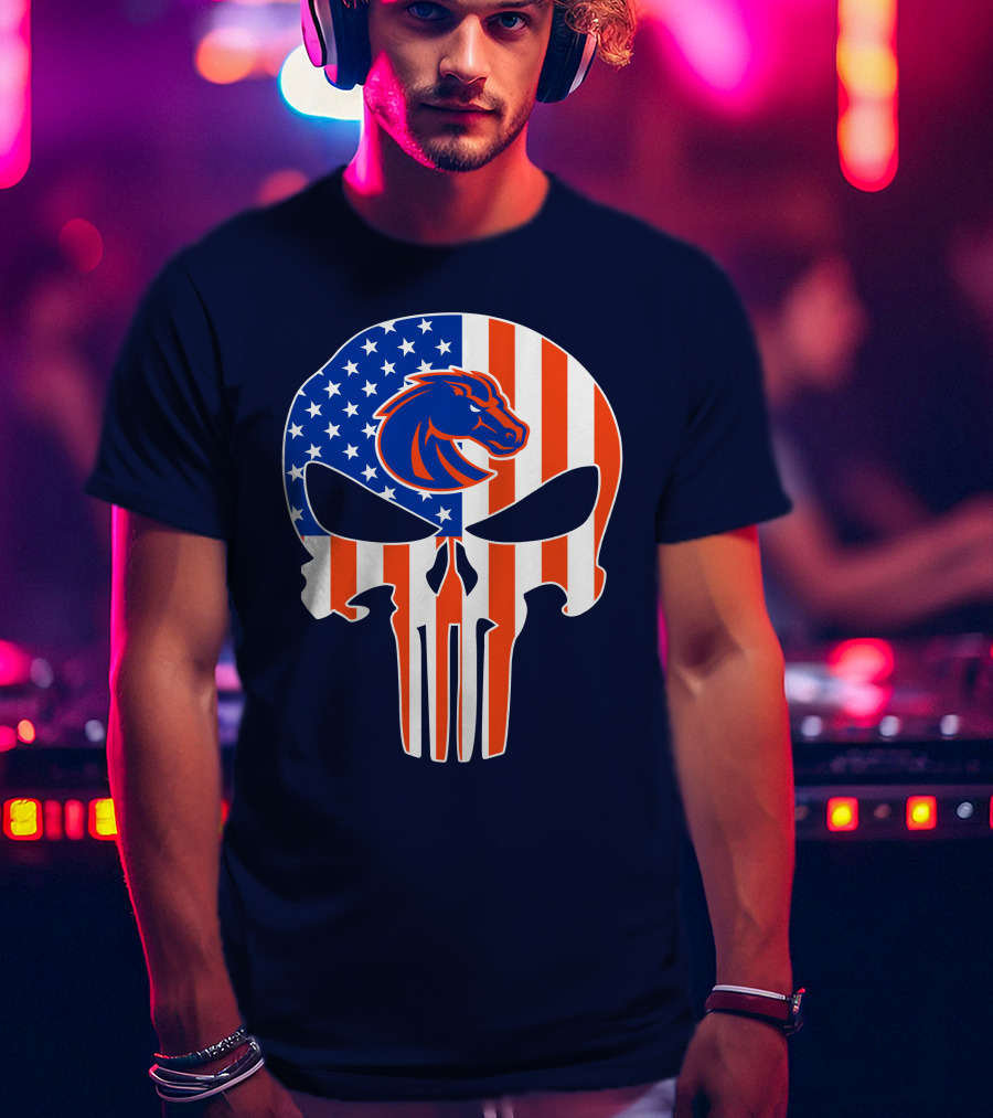 Boise State Broncos The Punisher American Flag Skull T-Shirt