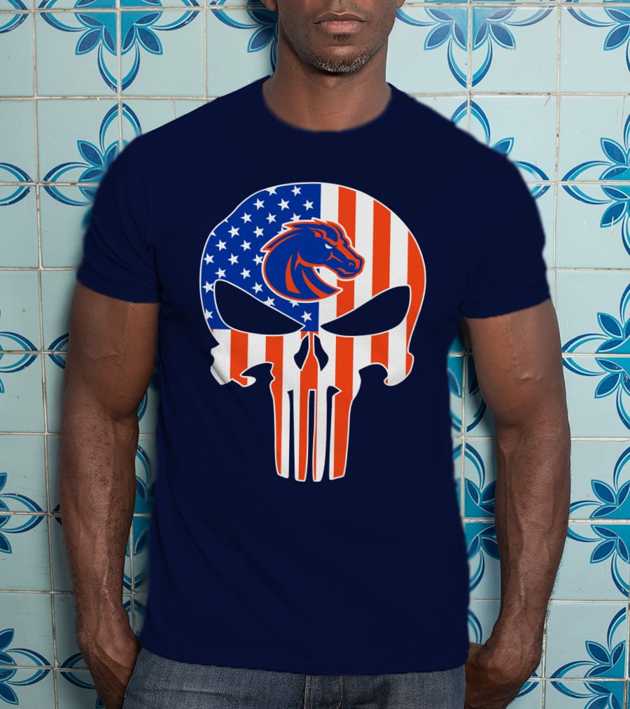 Boise State Broncos The Punisher American Flag Skull T-Shirt