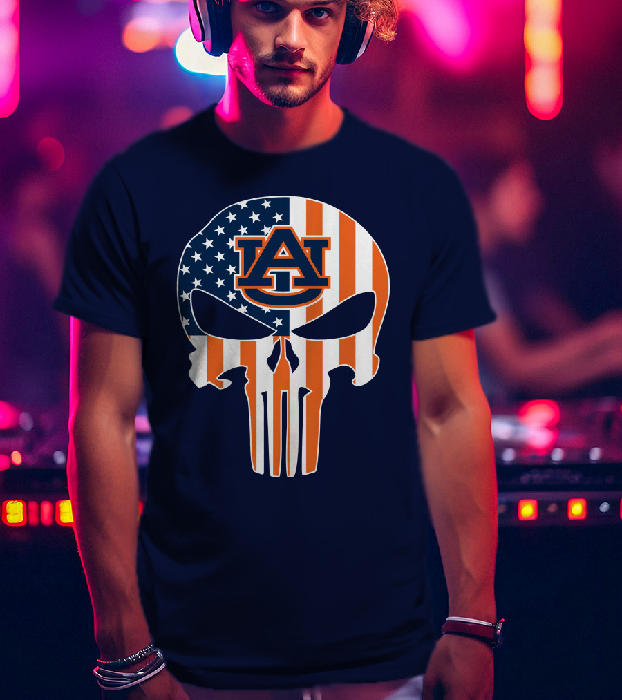 Auburn Au Logo American Flag Punisher Skull T-Shirt