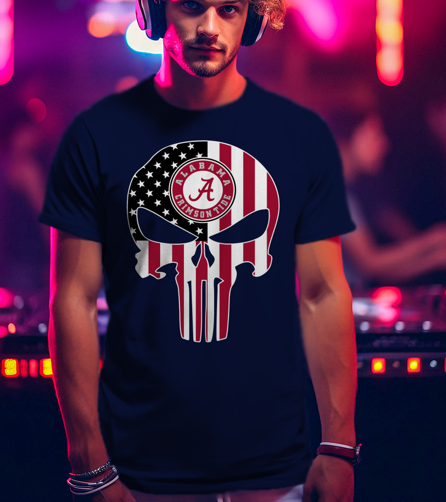 Alabama Crimson Tide Skull American Flag '64 The Punisher T-Shirt