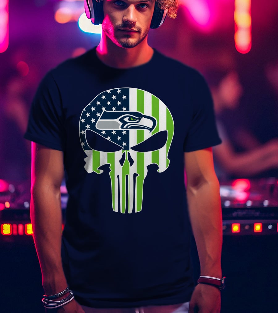 Seattle Seahawks The Punisher Skull American Flag T-Shirt