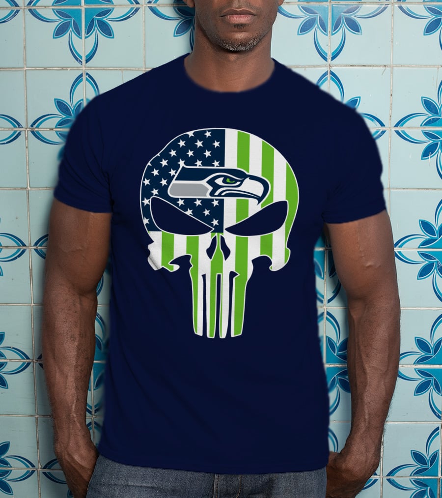 Seattle Seahawks The Punisher Skull American Flag T-Shirt