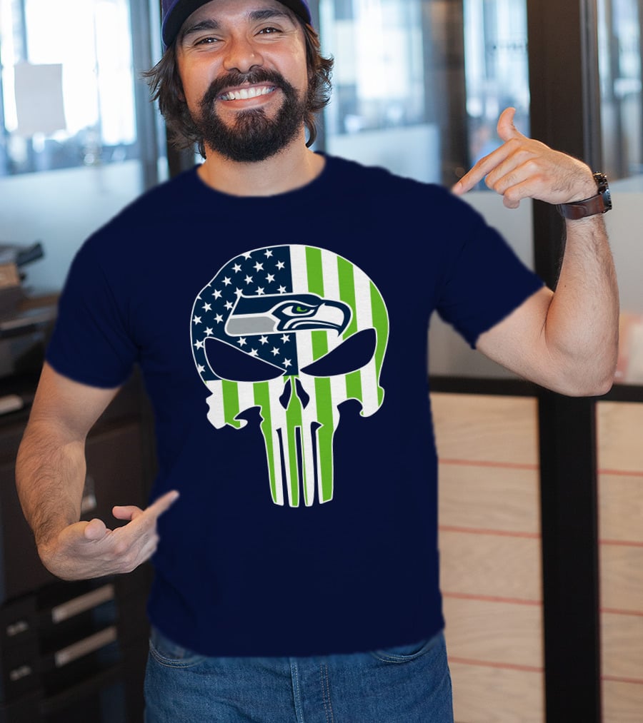 Seattle Seahawks The Punisher Skull American Flag T-Shirt