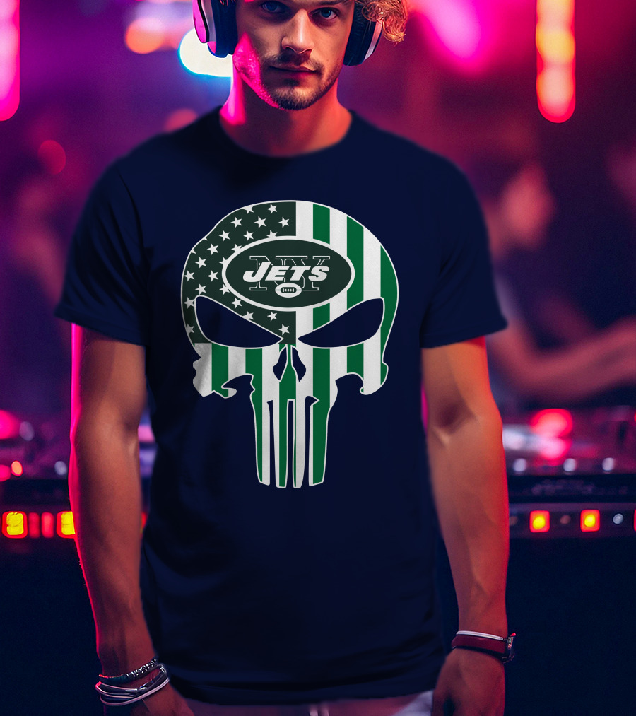 New York Jets Punisher Skull American Flag T-Shirt