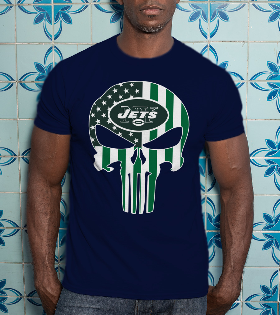 New York Jets Punisher Skull American Flag T-Shirt