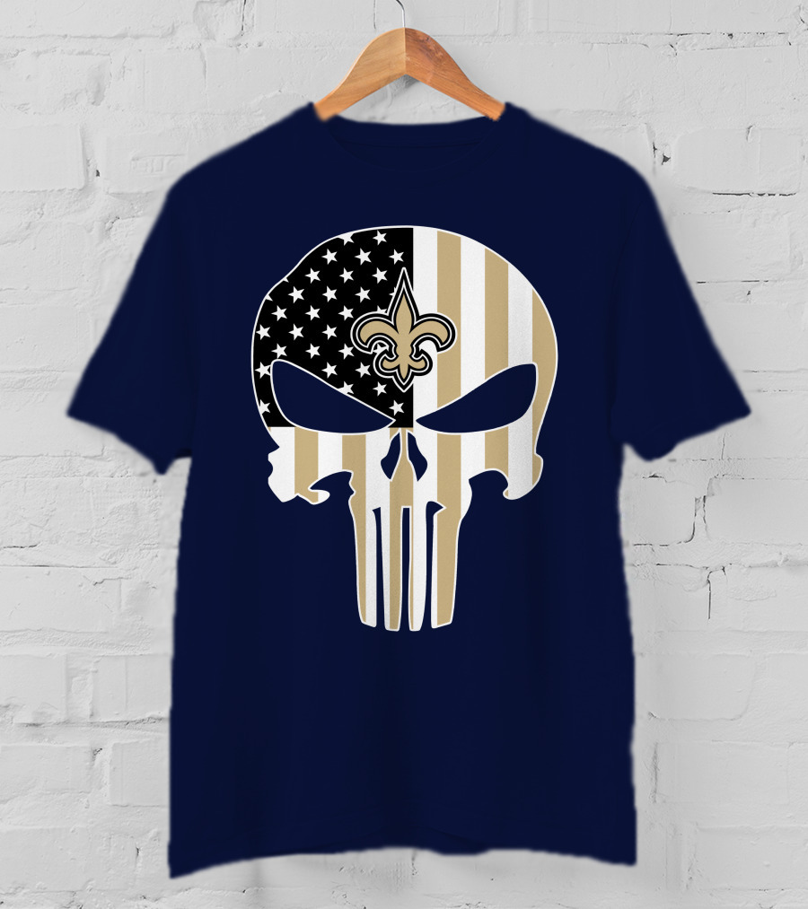 New Orleans Saints The Punisher American Flag Skull Fleur-De-Lis T-Shirt