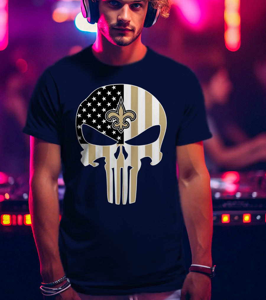 New Orleans Saints The Punisher American Flag Skull Fleur-De-Lis T-Shirt
