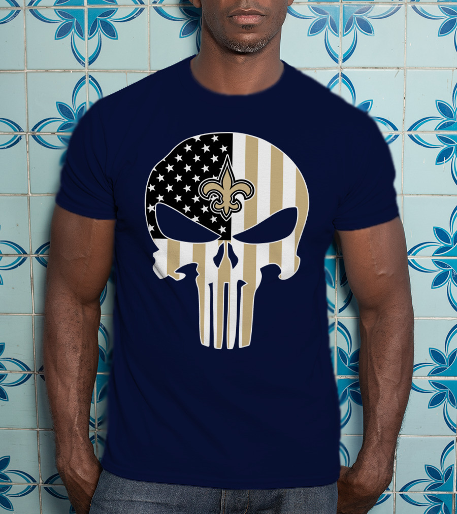 New Orleans Saints The Punisher American Flag Skull Fleur-De-Lis T-Shirt