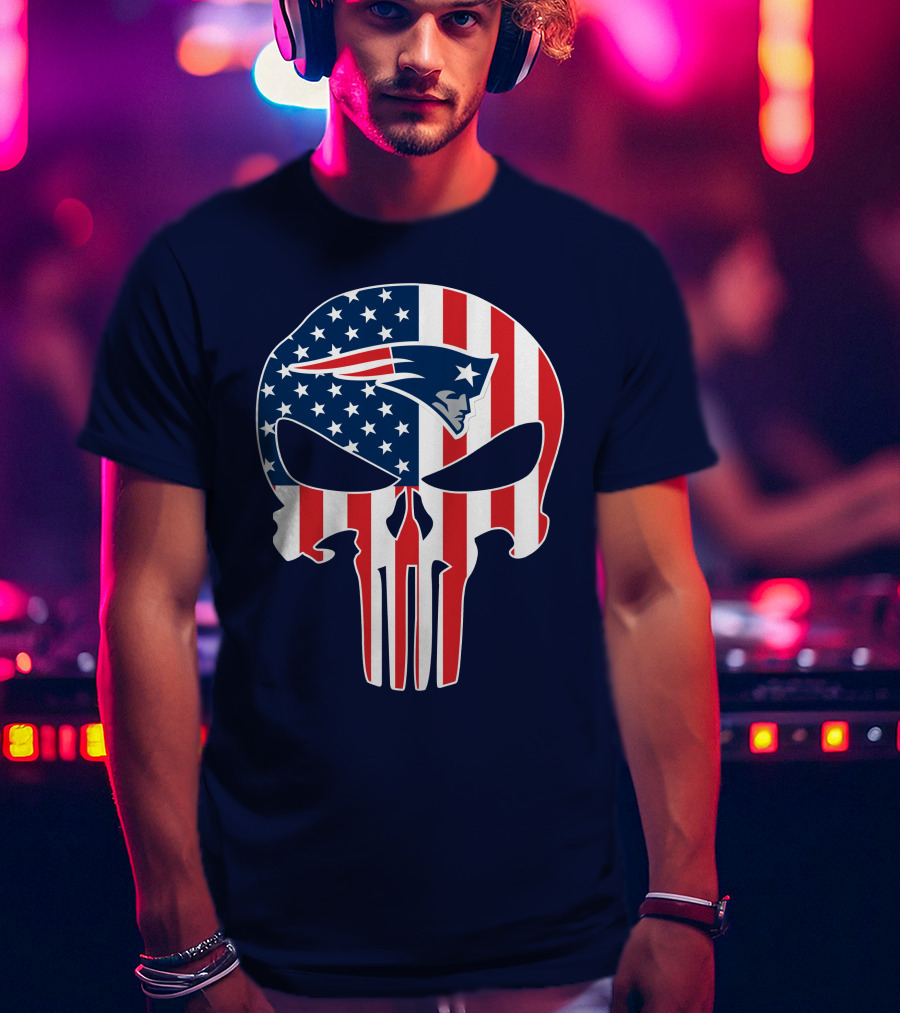New England Patriots Punisher Skull American Flag T-Shirt