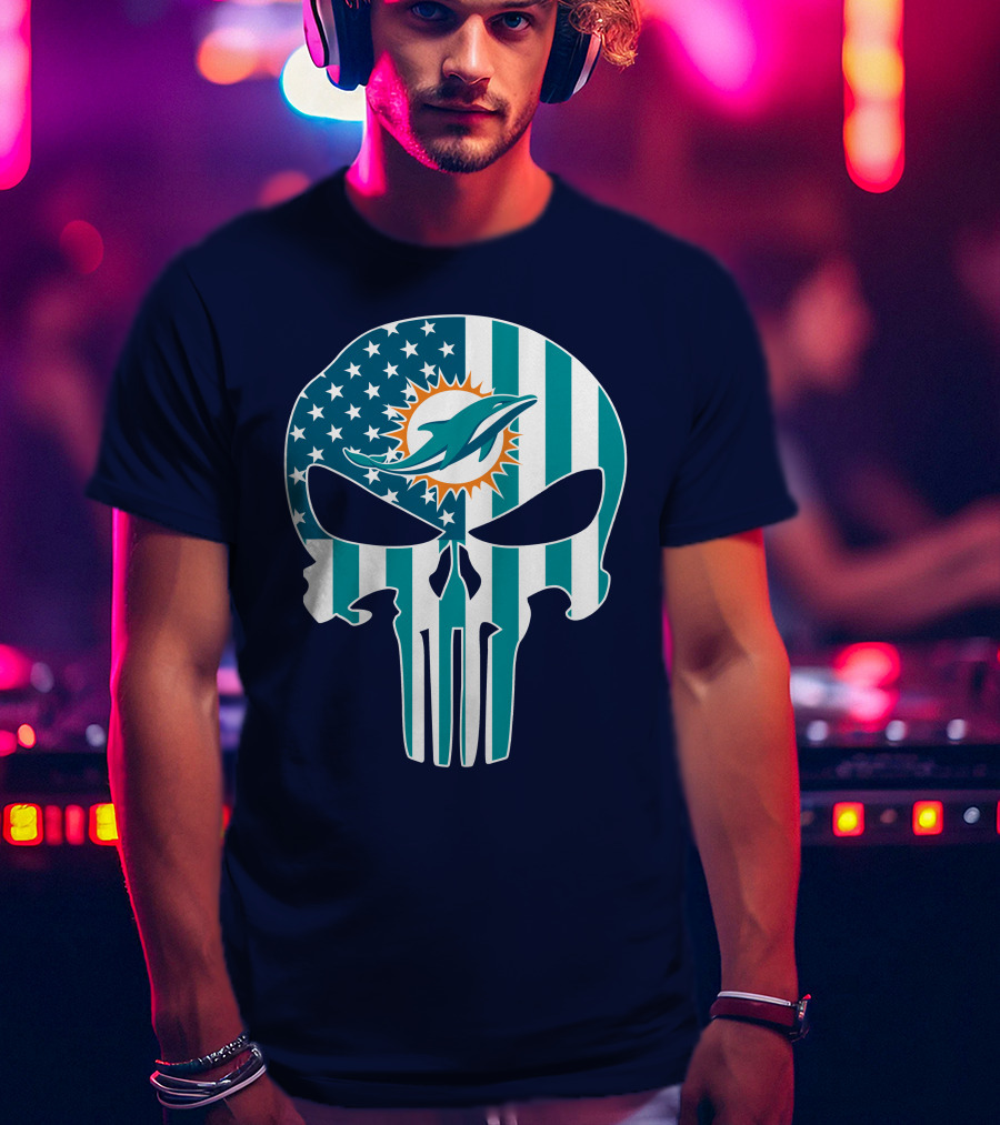 Miami Dolphins The Punisher American Flag Skulls T-Shirt