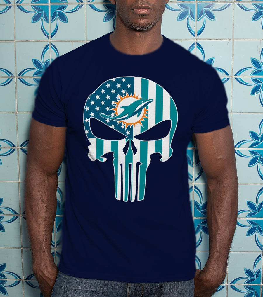 Miami Dolphins The Punisher American Flag Skulls T-Shirt