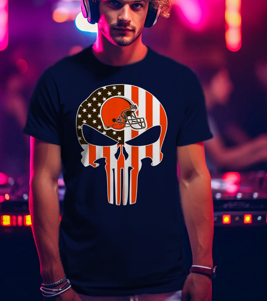 Cleveland Browns The Punisher American Flag Helmet Skull T-Shirt