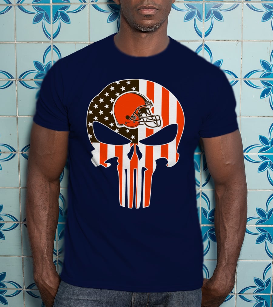 Cleveland Browns The Punisher American Flag Helmet Skull T-Shirt