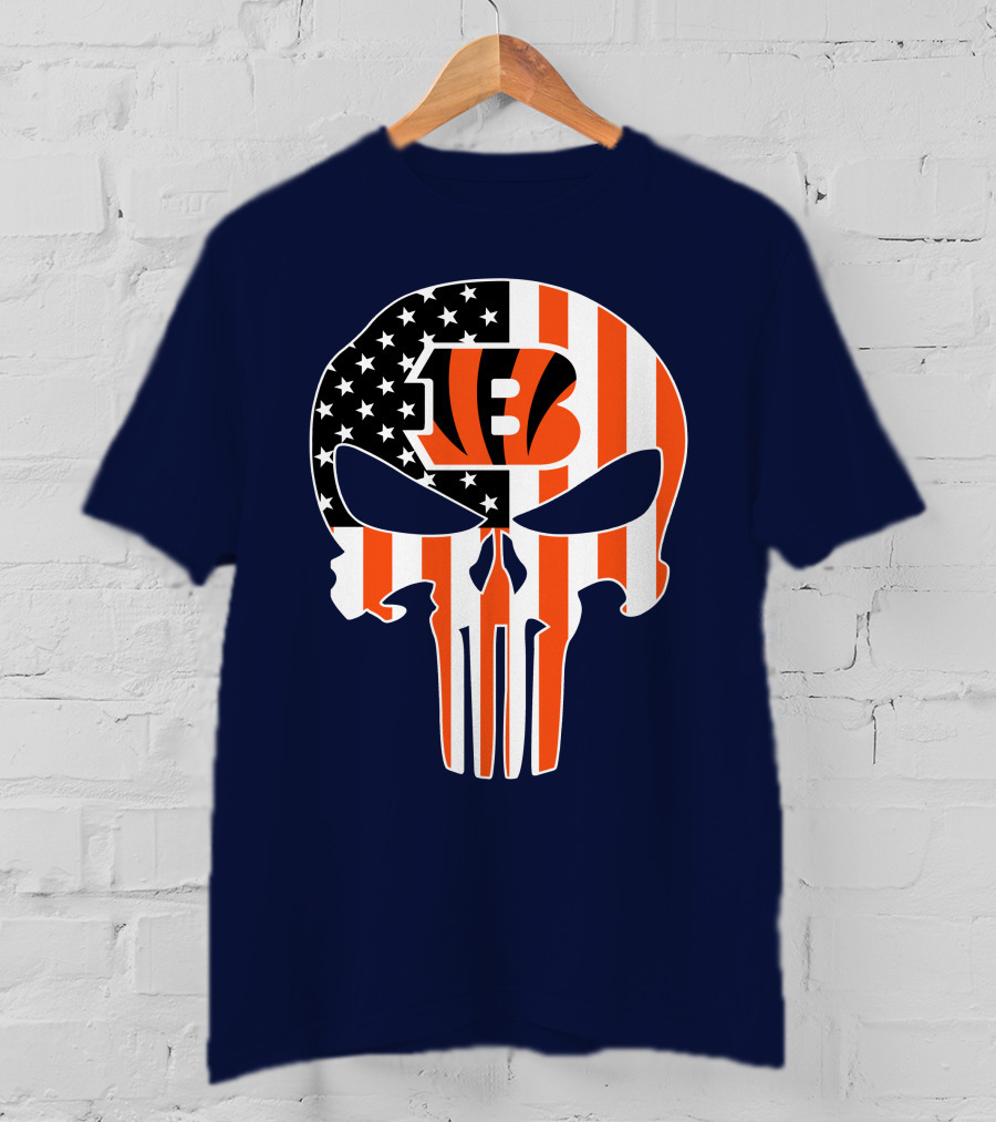 Cincinnati Bengals Skull Logo American Flag T-Shirt