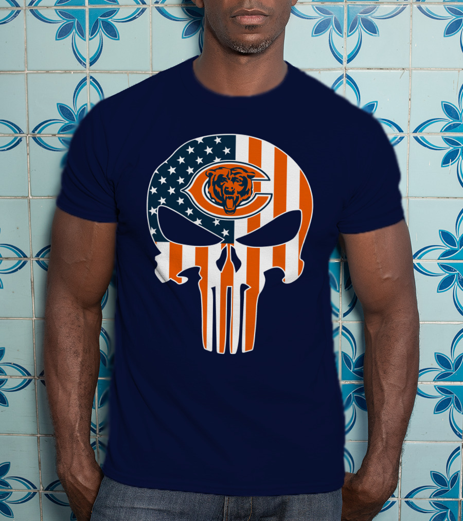 Chicago Bears The Punisher Skull American Flag T-Shirt