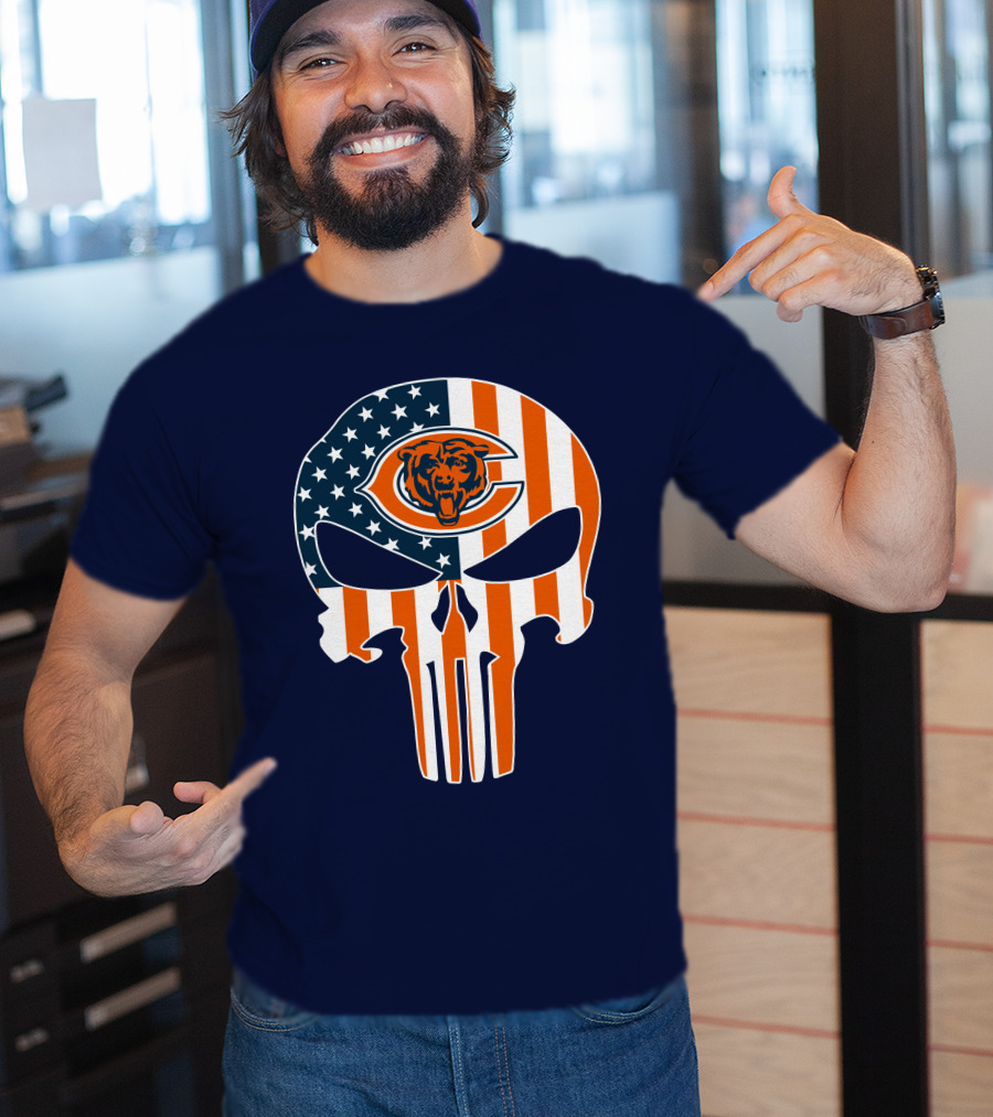 Chicago Bears The Punisher Skull American Flag T-Shirt