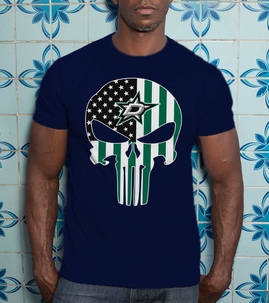 Dallas Stars Punisher Skull American Flag Stripe T-Shirt