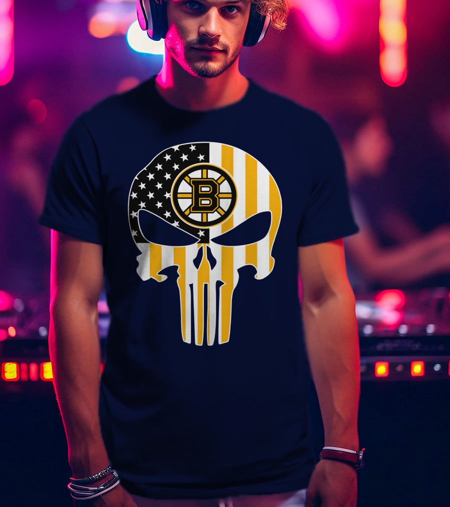 Boston Bruins The Punisher American Flag Skull T-Shirt