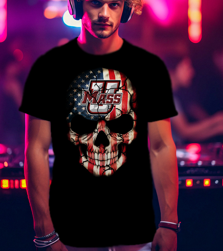 Umass Minutemen American Flag Skull T-Shirt