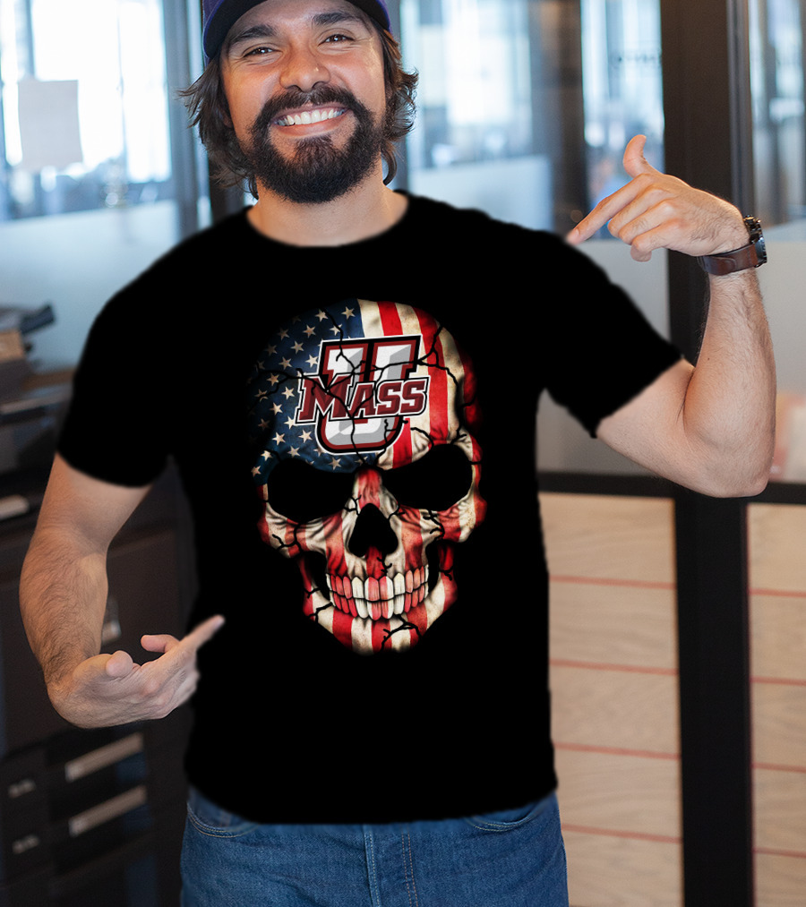 Umass Minutemen American Flag Skull T-Shirt