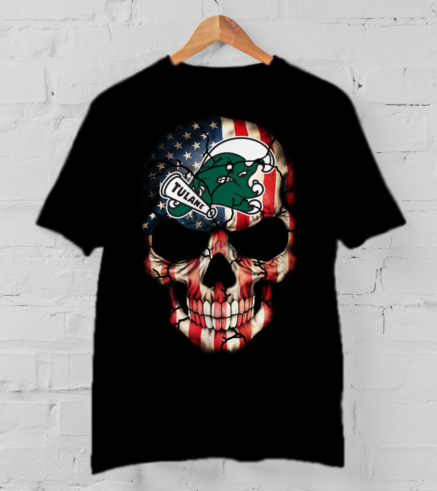 Patriotic Skull With Tulane Green Wave Logo On American Flag Style T-Shirt