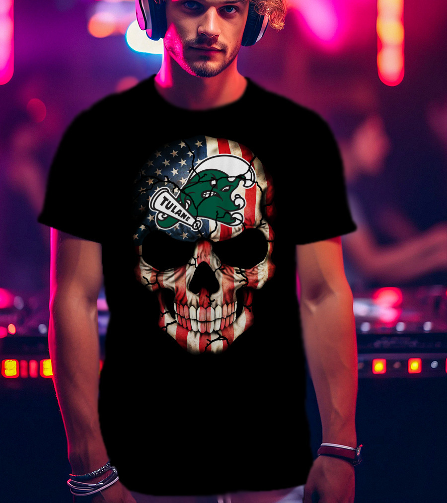 Patriotic Skull With Tulane Green Wave Logo On American Flag Style T-Shirt