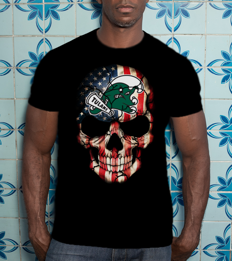 Patriotic Skull With Tulane Green Wave Logo On American Flag Style T-Shirt