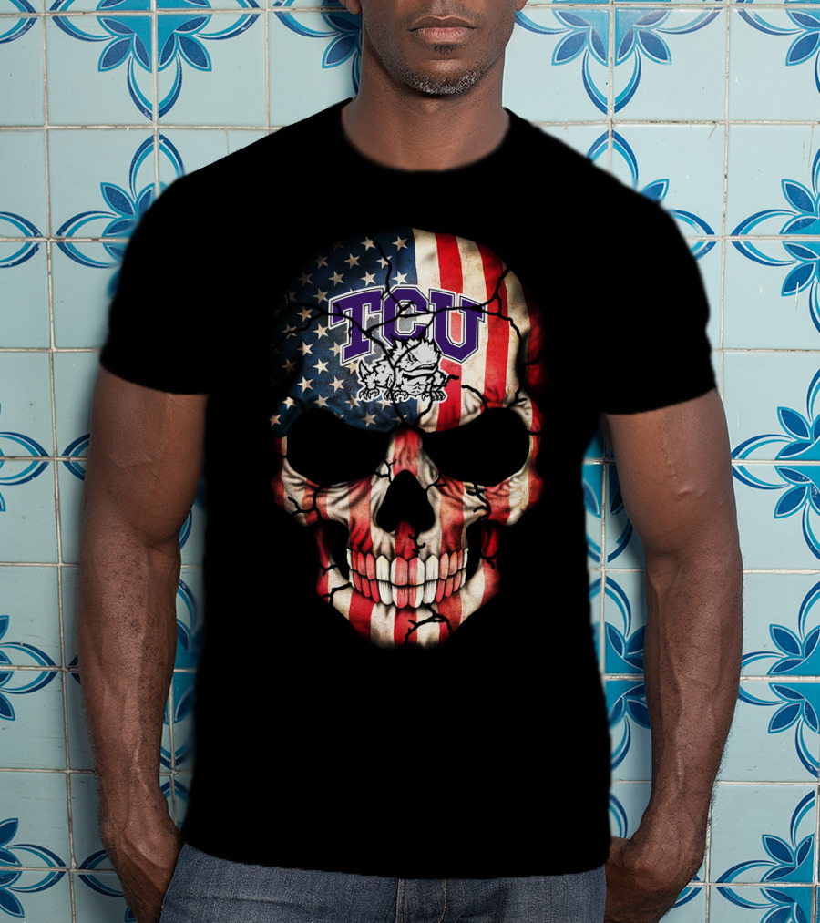 Tcu Horned Frogs American Flag Skull T-Shirt