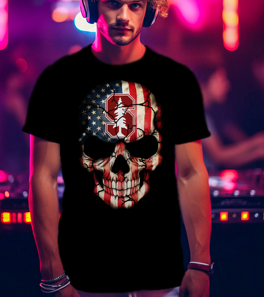Stanford Cardinal Skull American Flag T-Shirt