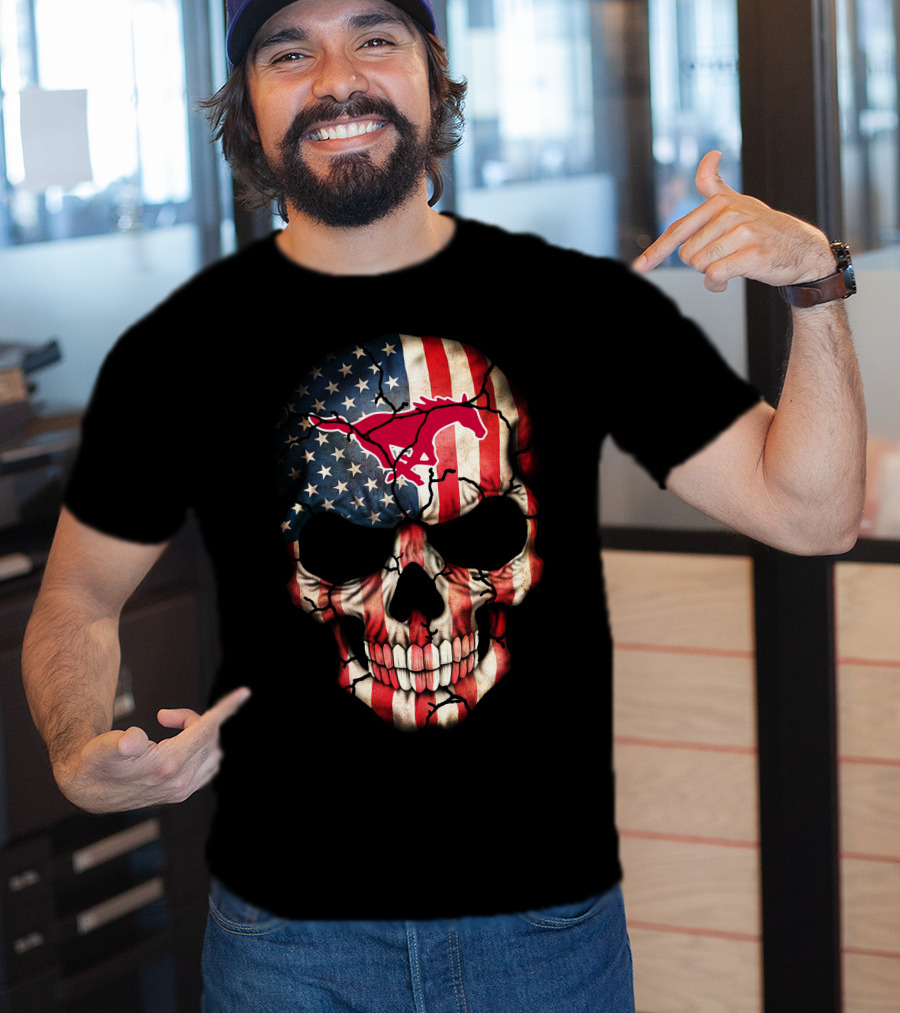 Usa Flag Skull With Smu Mustangs T-Shirt