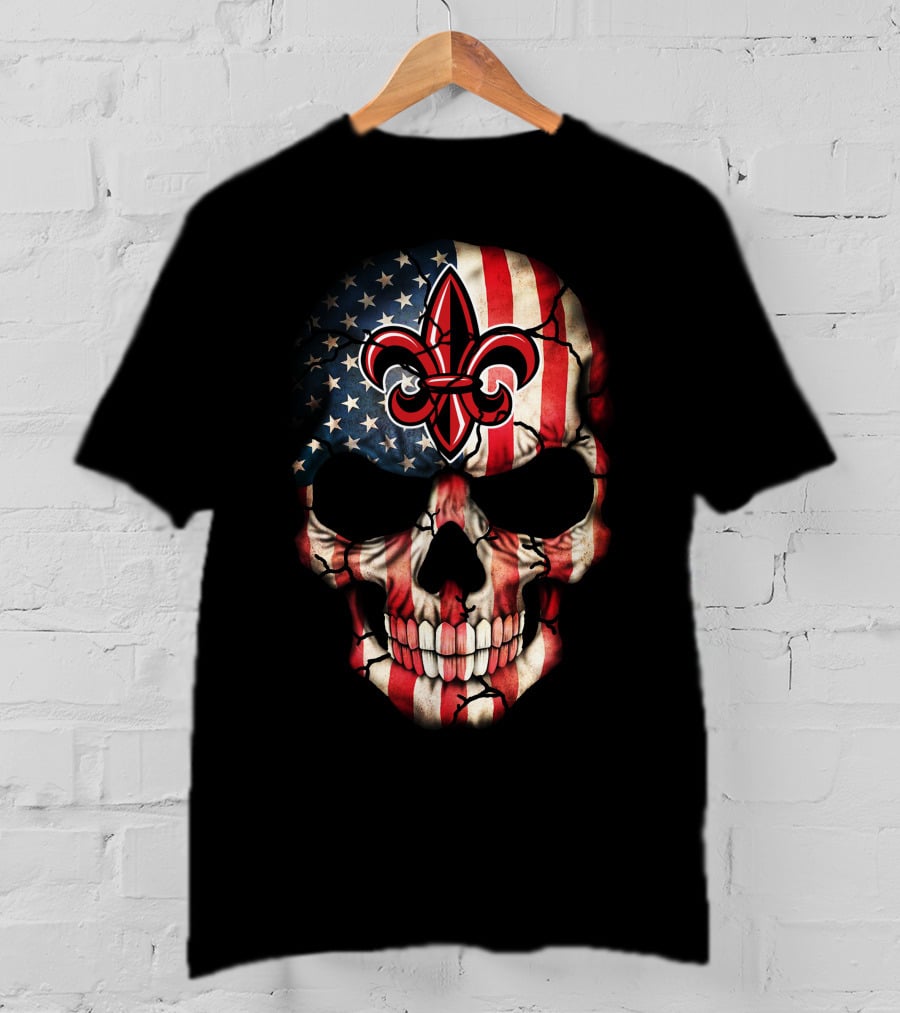 Ragin Cajuns Skull With American Flag And Fleur-De-Lis T-Shirt