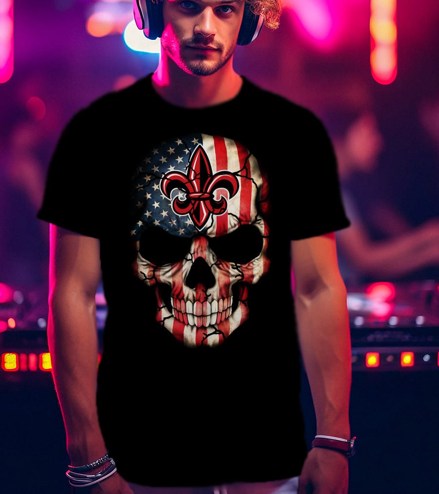 Ragin Cajuns Skull With American Flag And Fleur-De-Lis T-Shirt