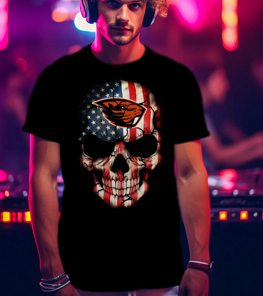 American Flag Skull 45 Oregon State Beavers Football T-Shirt