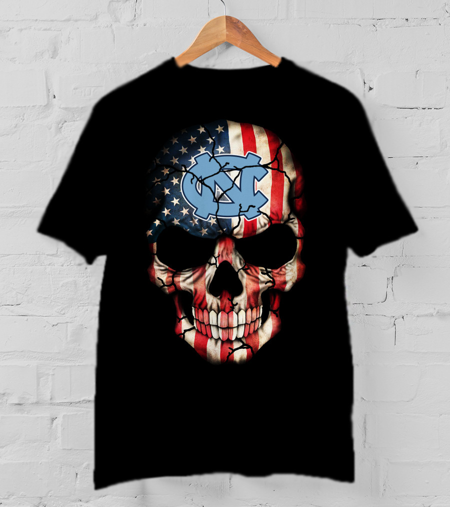 North Carolina Tar Heels American Flag Skull T-Shirt