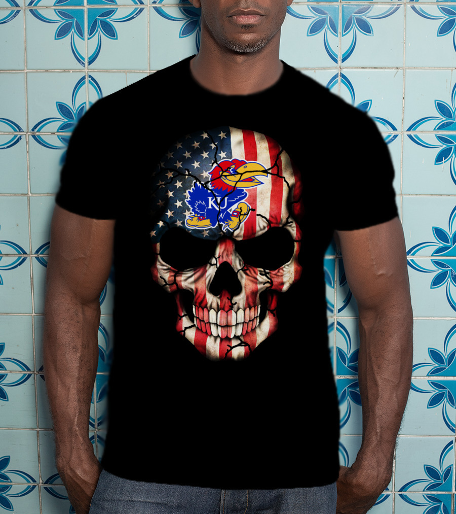 Patriotic Skull With Kansas Jayhawks Logo American Flag 80S Style T-Shirt