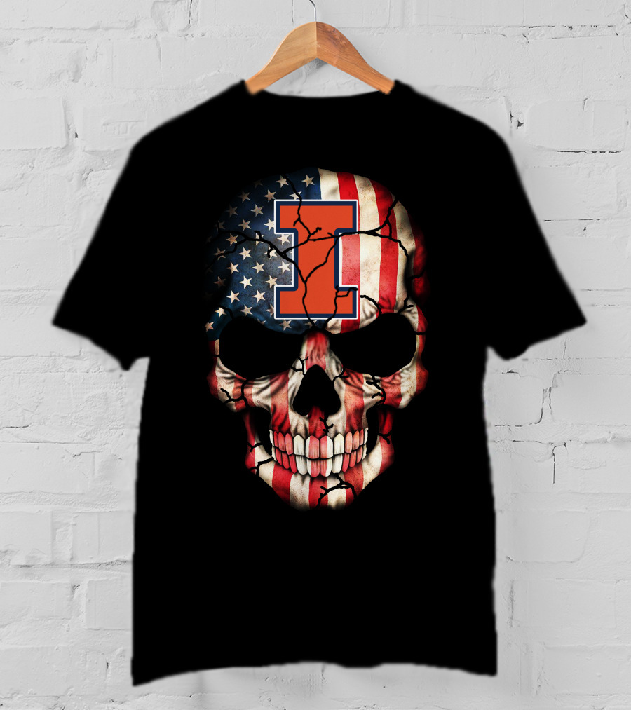 I Illinois Fighting Illini American Flag Skull 84 T-Shirt