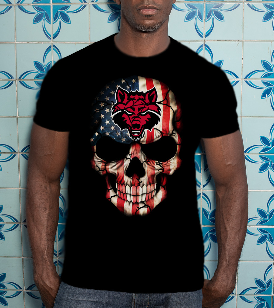 Arkansas State Red Wolves American Flag Skull T-Shirt