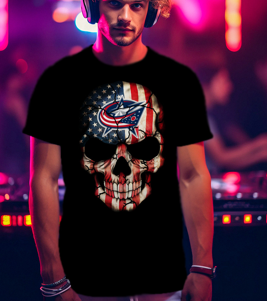 American Flag Skull With Columbus Blue Jackets T-Shirt
