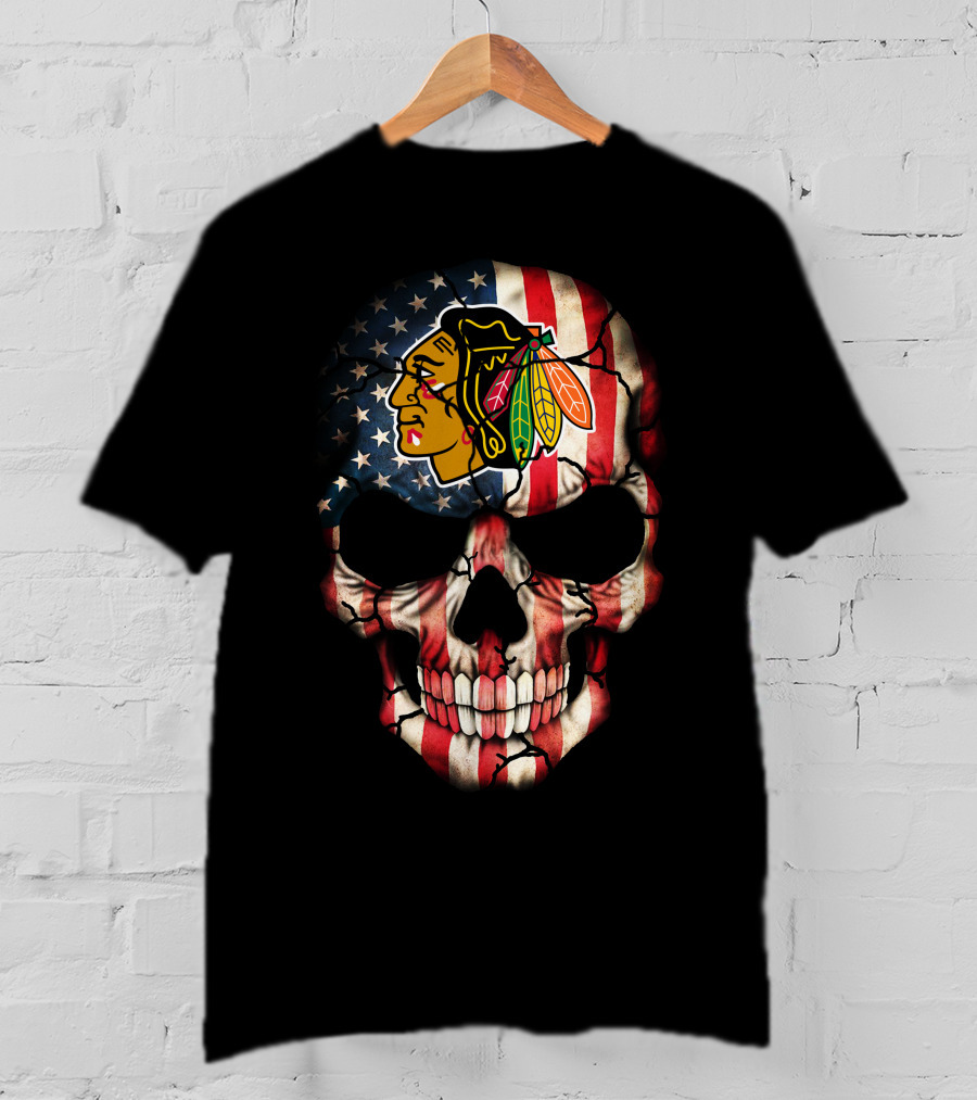 Chicago Blackhawks American Flag Skull T-Shirt