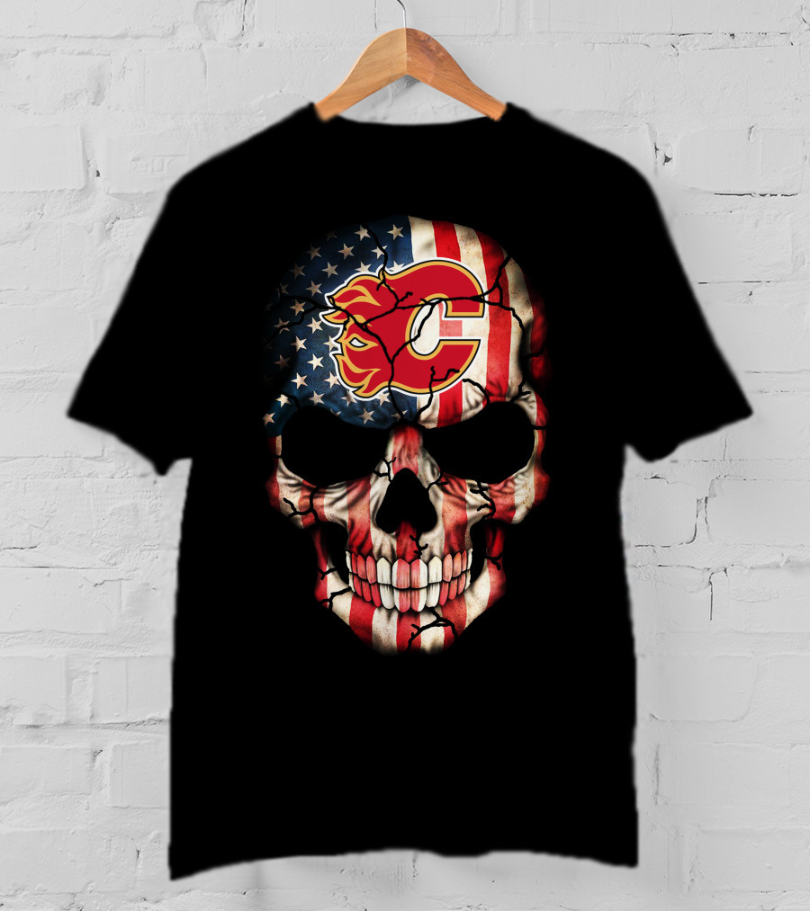 Calgary Flames Skull With American Flag T-Shirt