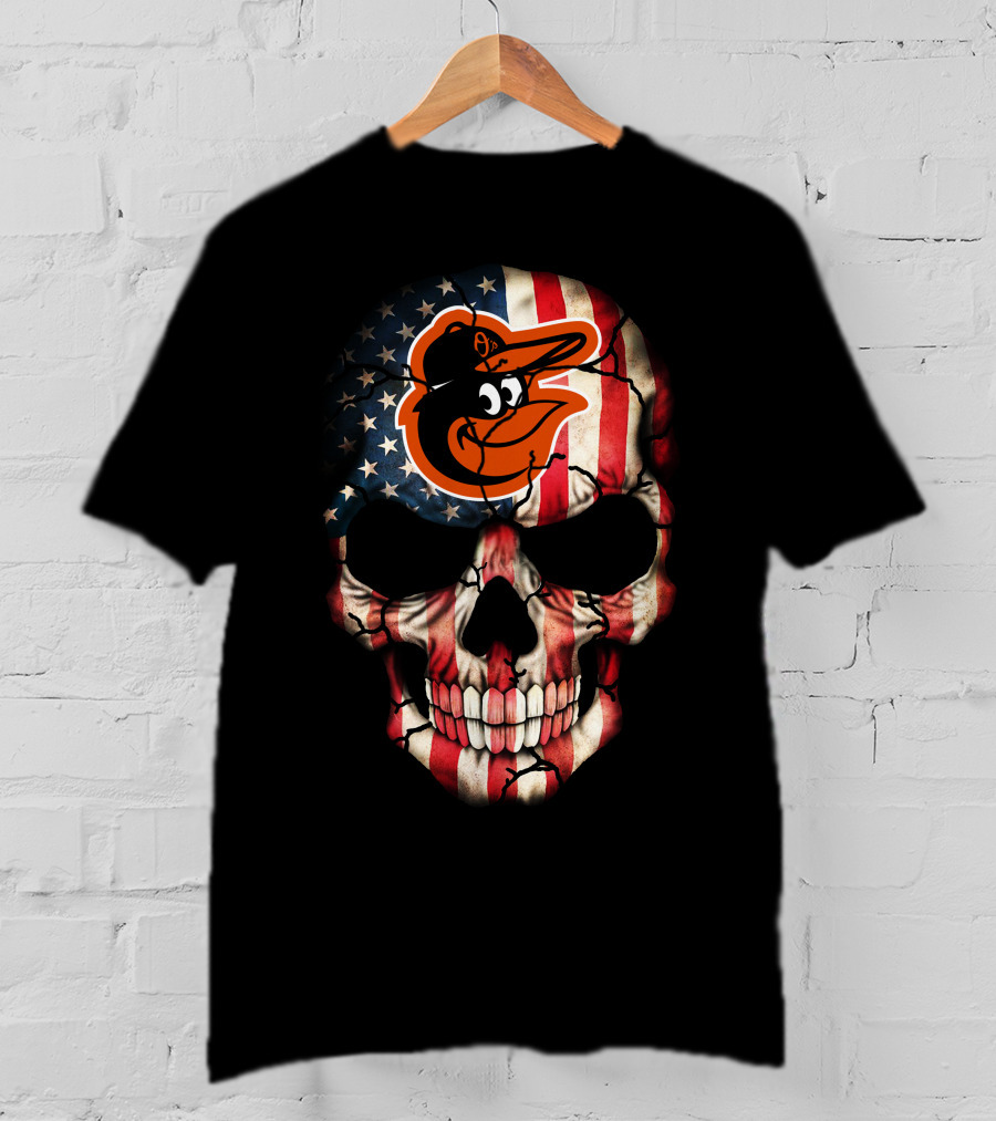 Baltimore Orioles American Flag Skull T-Shirt